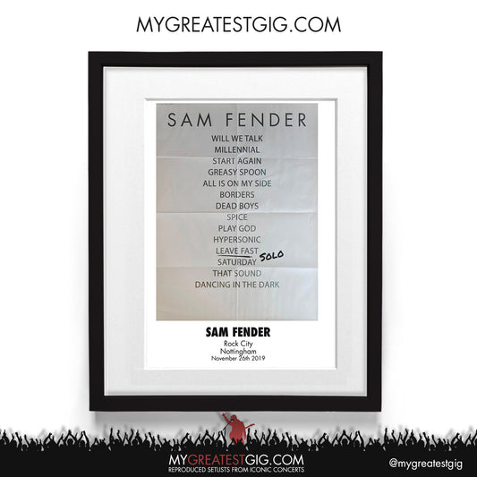 Sam Fender - Nottingham - Nov 26th 2019 Recreated Setlist Poster