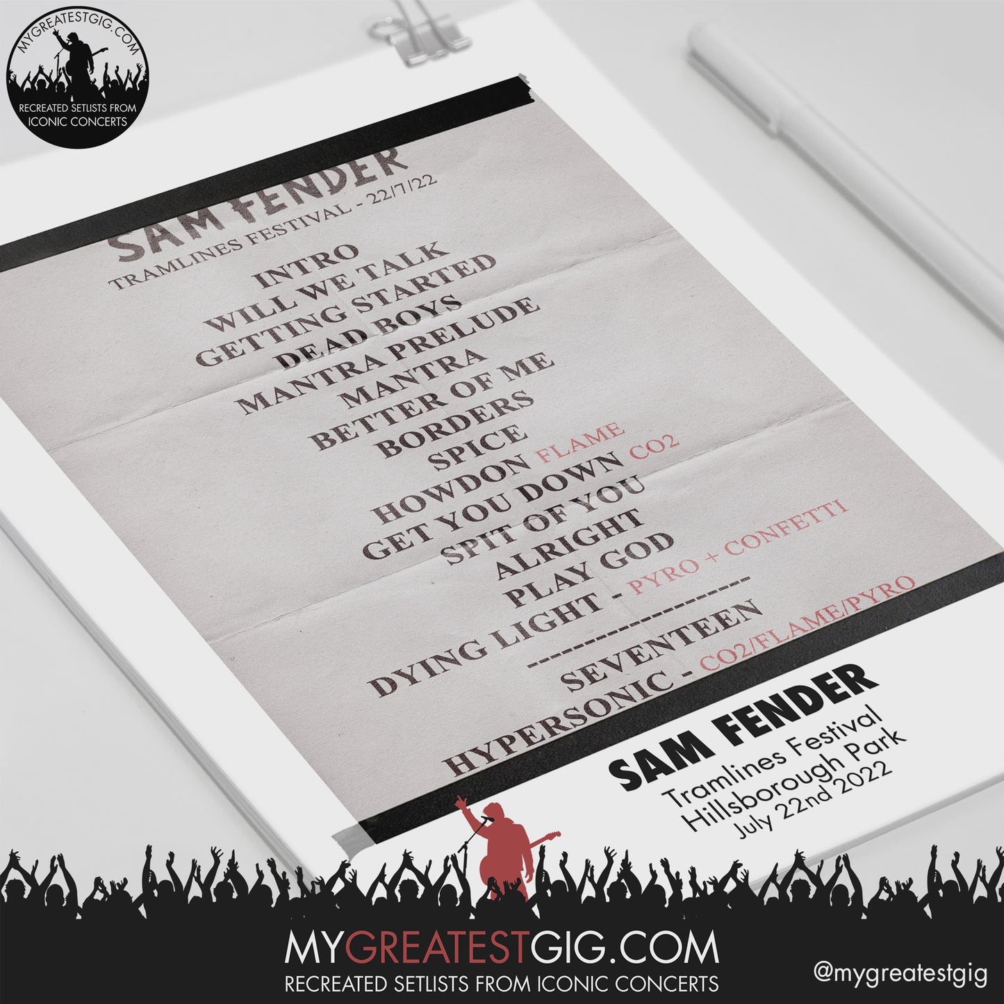 Sam Fender - Tramlines Festival - Jul 22nd 2022 Recreated Setlist Poster
