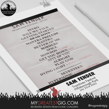 Sam Fender - Tramlines Festival - Jul 22nd 2022 Recreated Setlist Poster