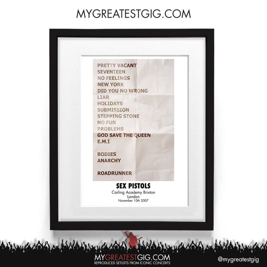Sex Pistols - London - Nov 10th 2007 Recreated Setlist Poster