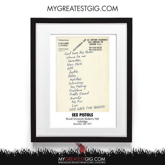 Sex Pistols - Brunel University - Dec 16th 1977 Recreated Setlist Poster