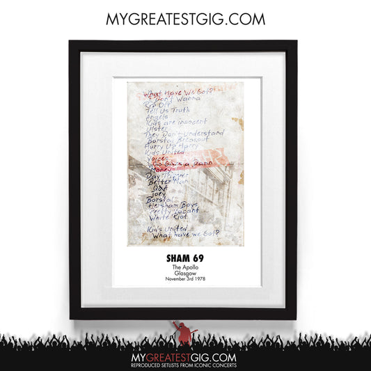 Sham69 - Glasgow - Nov 3rd 1978 Recreated Setlist Poster