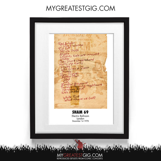 Sham69 - London - Dec 1st 1978 Recreated Setlist Poster