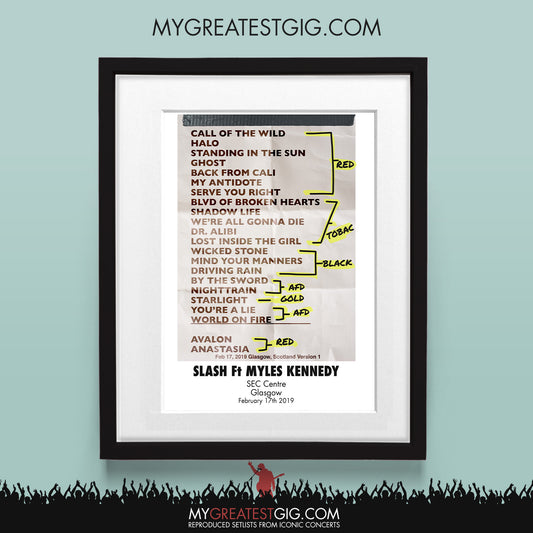 Slash Ft Myles Kennedy - Glasgow - Feb 17th 2019 Recreated Set List Poster