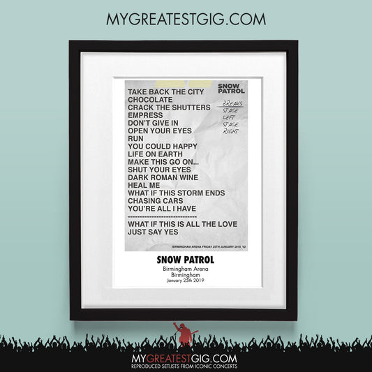 Snow Patrol - Birmingham - Jan 25th 2019 Recreated Set List Poster