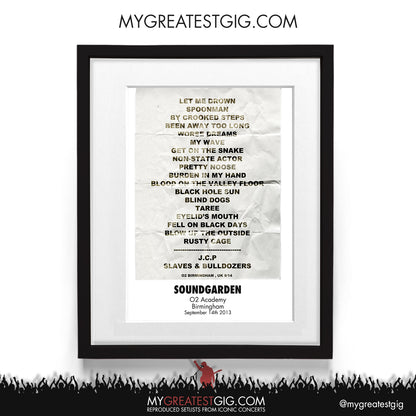 Soundgarden - Birmingham - Sep 14th 2013 Recreated Setlist Poster