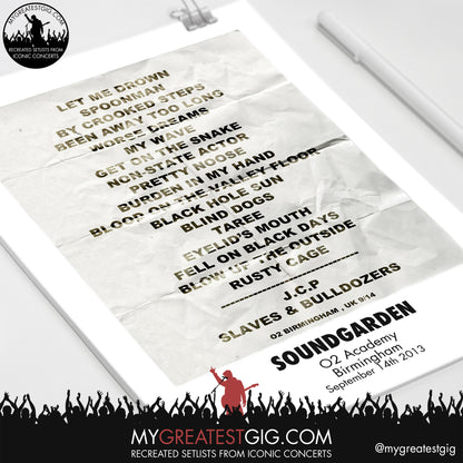Soundgarden - Birmingham - Sep 14th 2013 Recreated Setlist Poster
