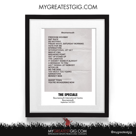 The Specials - Bournemouth - Sep 3rd 2021 Recreated Setlist Poster