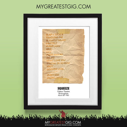 Squeeze - Birmingham - Mar 8th 1980 Recreated Set List Poster