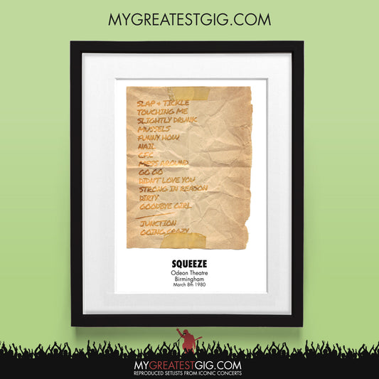 Squeeze - Birmingham - Mar 8th 1980 Recreated Set List Poster