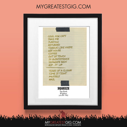 Squeeze - Brighton - Jun 4th 1982 Recreated Set List Poster
