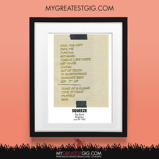 Squeeze - Brighton - Jun 4th 1982 Recreated Set List Poster