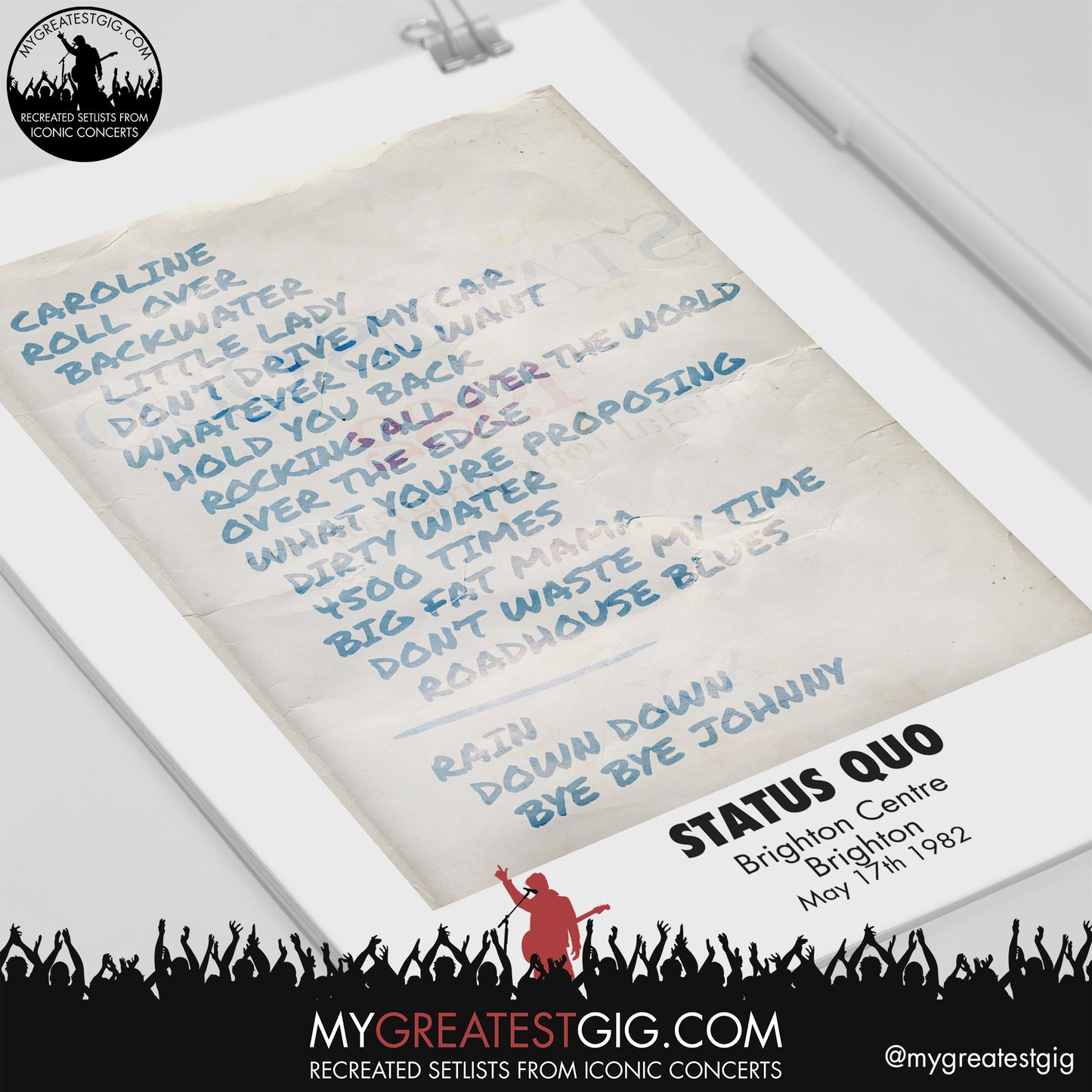 Status Quo - Brighton - May 17th 1982 Recreated Setlist Poster