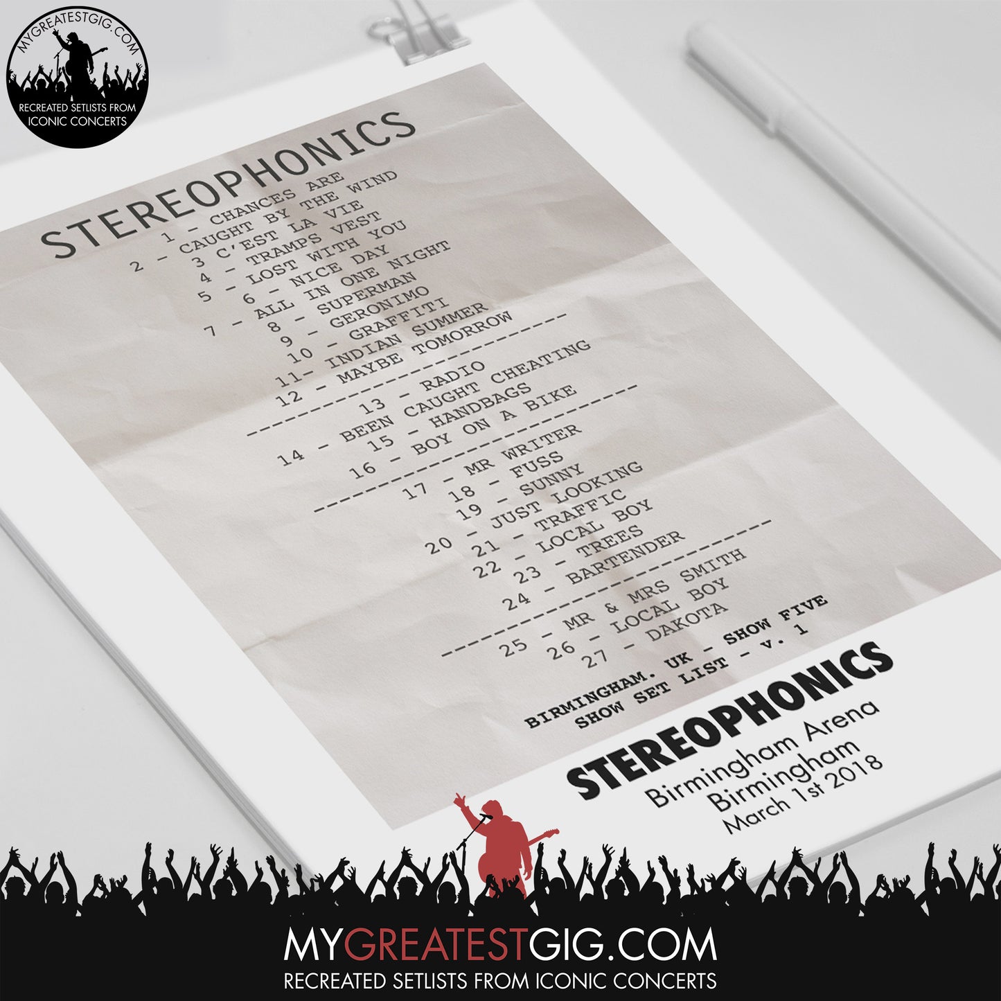 Stereophonics - Birmingham - Mar 1st 2018 Recreated Set List Poster