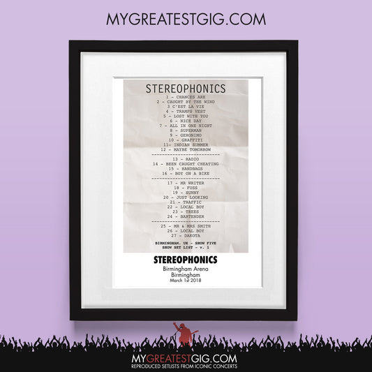 Stereophonics - Birmingham - Mar 1st 2018 Recreated Set List Poster