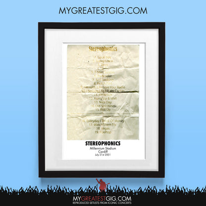 Stereophonics - Cardiff - Jul 21st 2001 Recreated Set List Poster