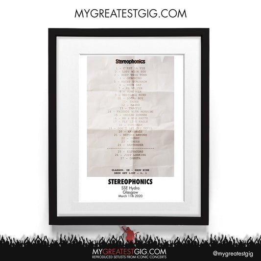 Stereophonics - Glasgow - Mar 11th 2020 Recreated Setlist Poster