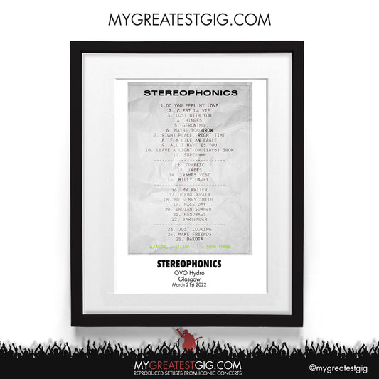 Stereophonics - Glasgow - Mar 21st 2022 Recreated Setlist Poster