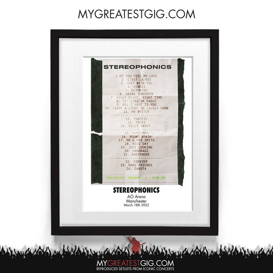 Stereophonics - Manchester - Mar 18th 2022 Recreated Setlist Poster