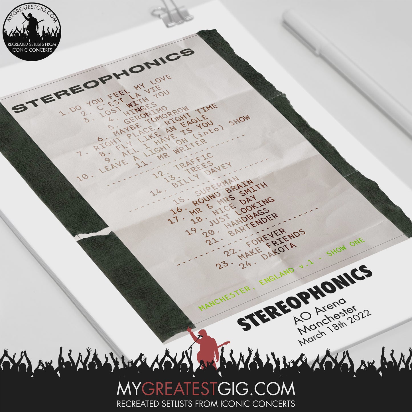 Stereophonics - Manchester - Mar 18th 2022 Recreated Setlist Poster