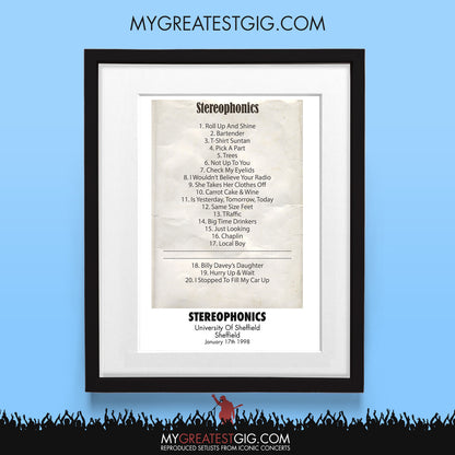Stereophonics - Sheffield - Jan 17th 1998 Recreated Set List Poster