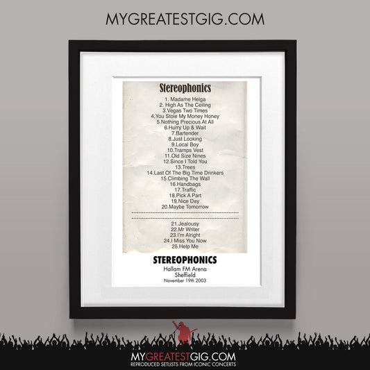 Stereophonics - Sheffield - Nov 19th 2003 Recreated Set List Poster