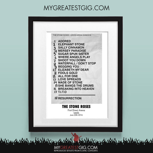 Stone Roses - Leeds - Jun 20th 2016 Recreated Set List Poster