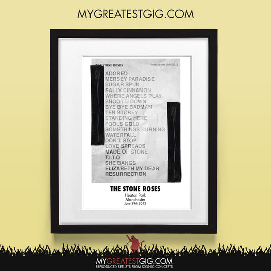 Stone Roses - Manchester - Jun 29th 2012 Recreated Set List Poster