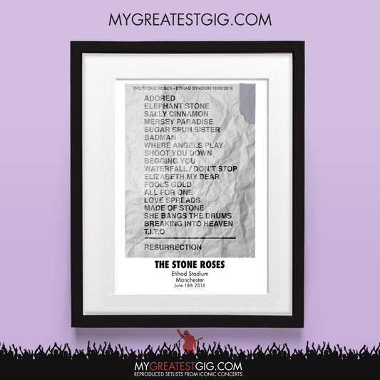 Stone Roses - Manchester - Jun 18th 2016 Recreated Set List Poster