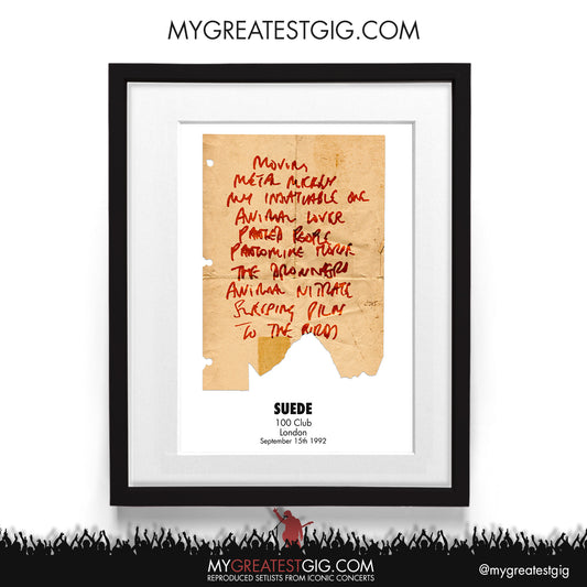 Suede - London - September 15th 1992 Recreated Setlist Poster