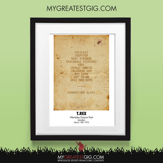 T. Rex - London - Mar 18th 1972 Recreated Set List Poster