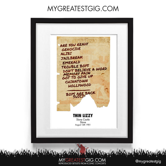 Thin Lizzy - Slane Castle - Aug 16th 1981 Recreated Setlist Poster