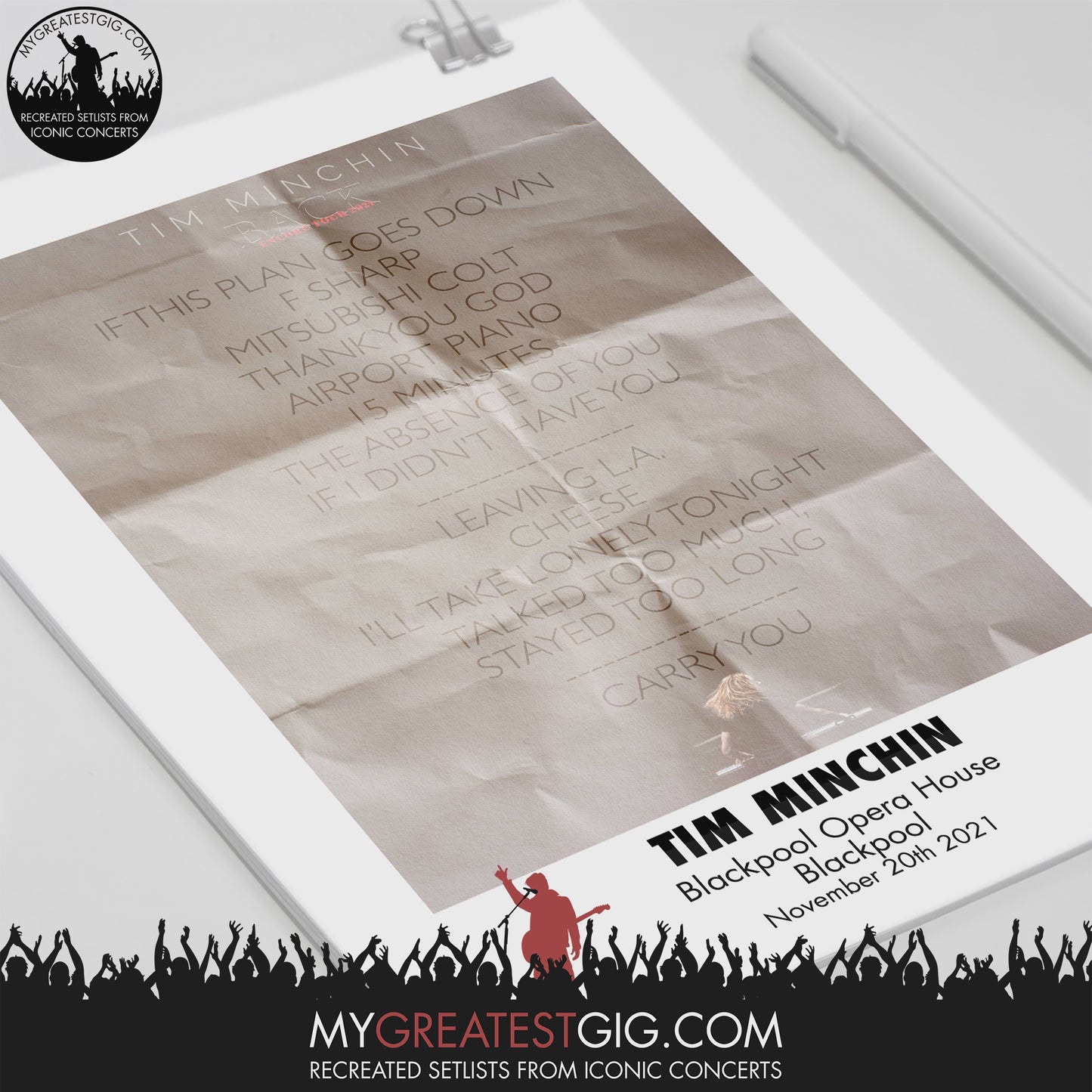 Tim Minchin - Blackpool - Nov 20th 2021 Recreated Set List Poster