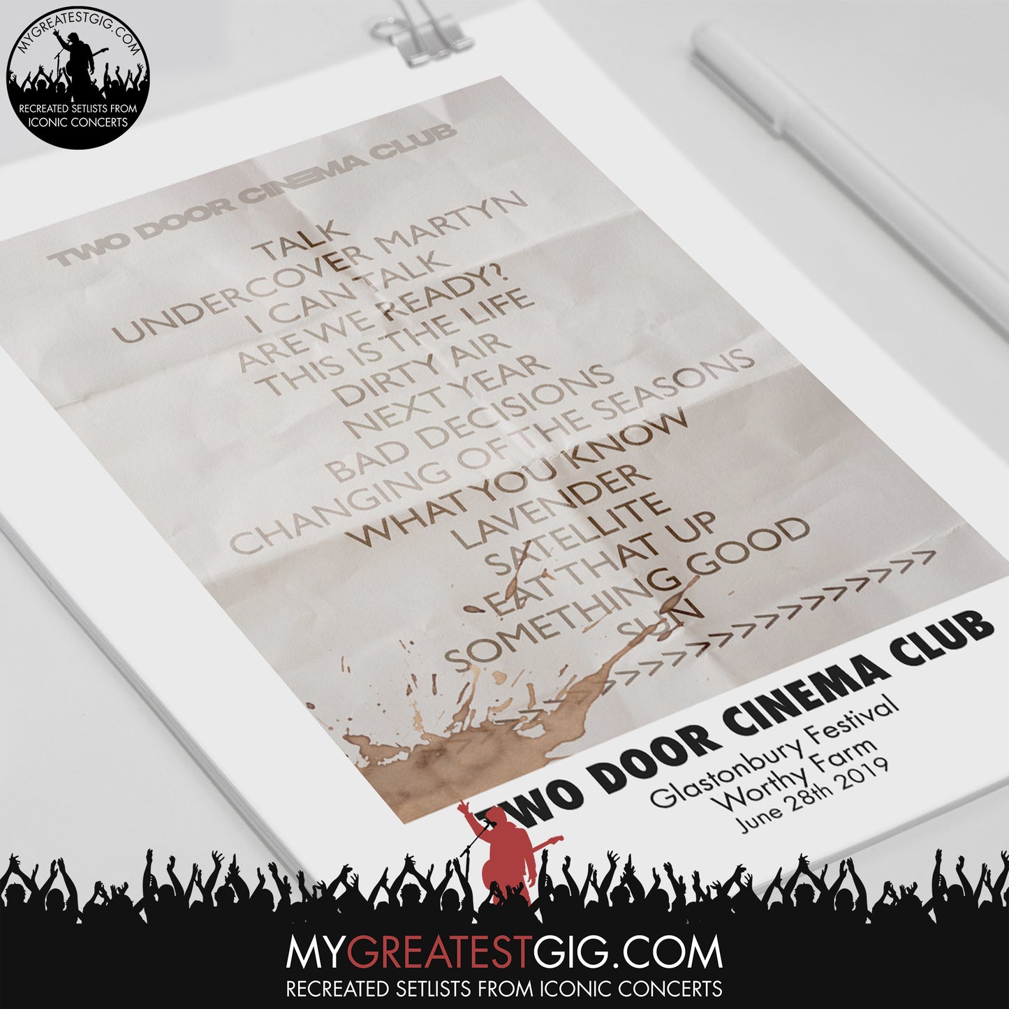 Two Door Cinema Club - Glastonbury Festival - Jun 28th 2019 Recreated Set List Poster & Illustration Bundle