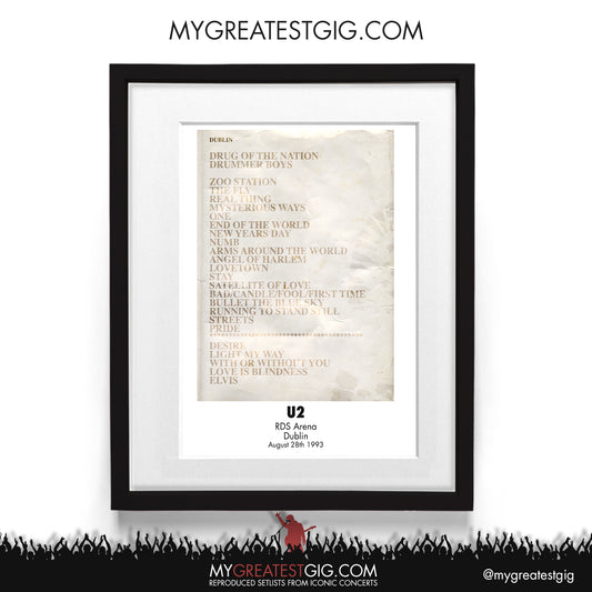 U2 - Dublin - Aug 28th 1993 Recreated Setlist Poster