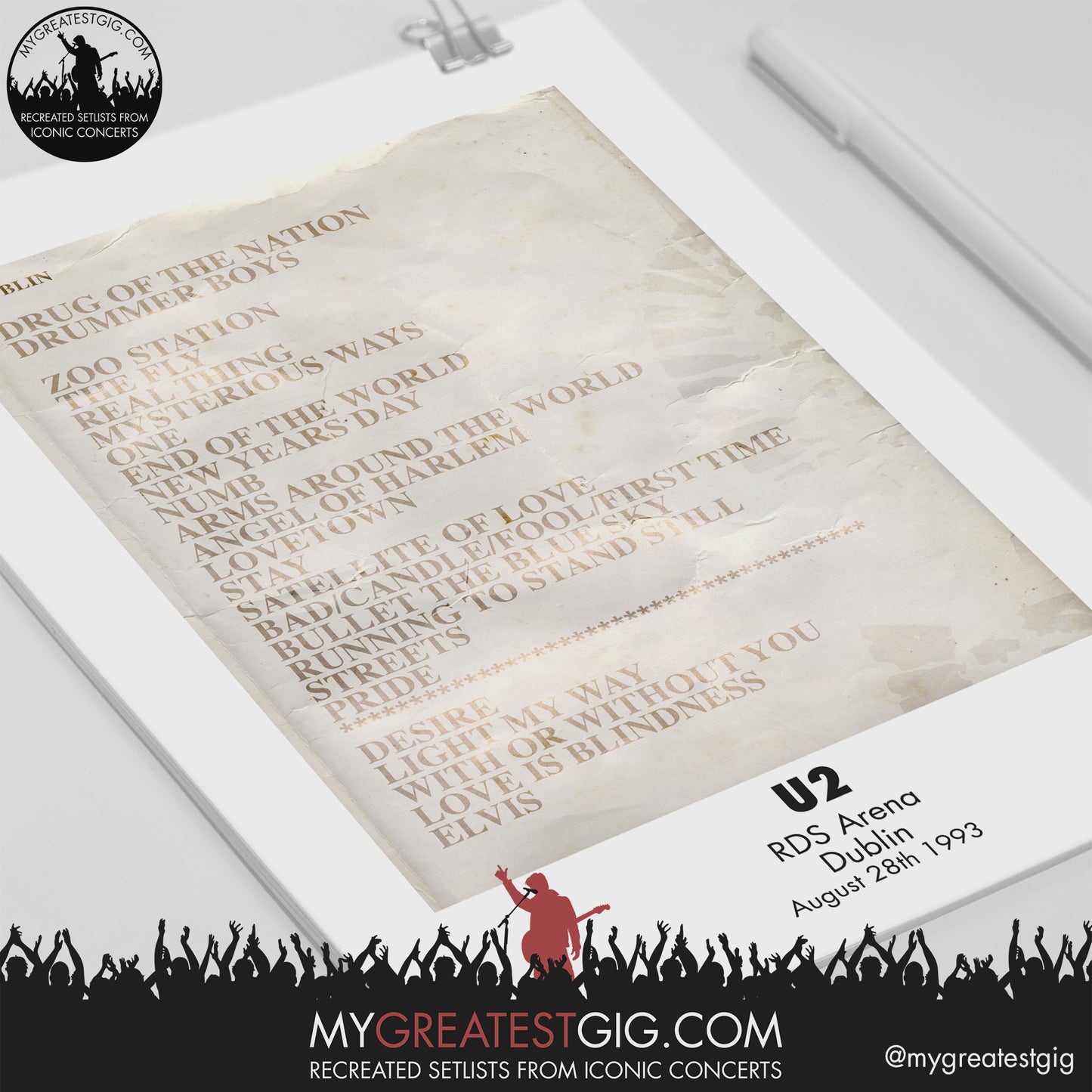 U2 - Dublin - Aug 28th 1993 Recreated Setlist Poster