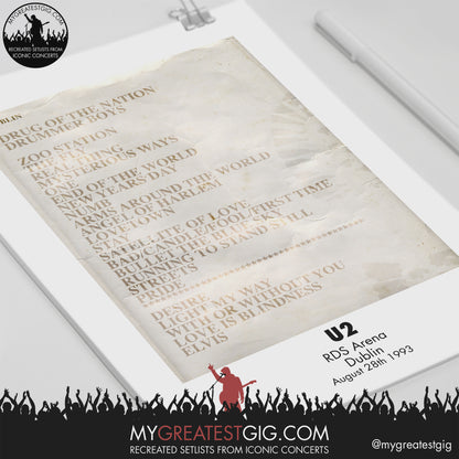 U2 - Dublin - Aug 28th 1993 Recreated Setlist Poster