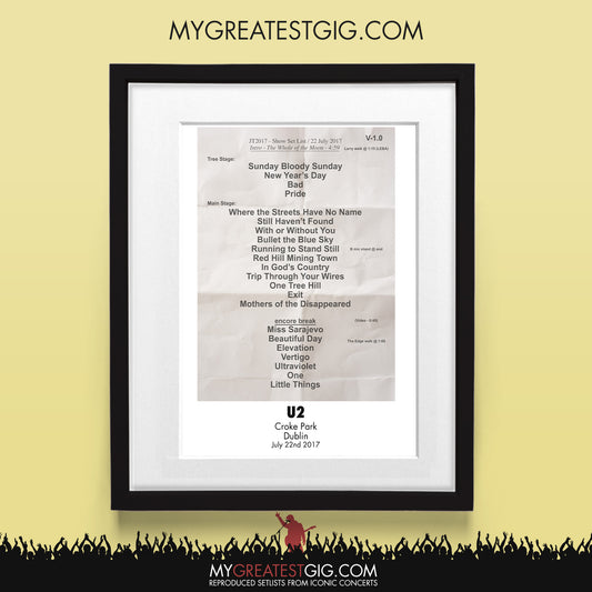 U2 - Dublin - Jul 22nd 2017 Recreated Set List Poster