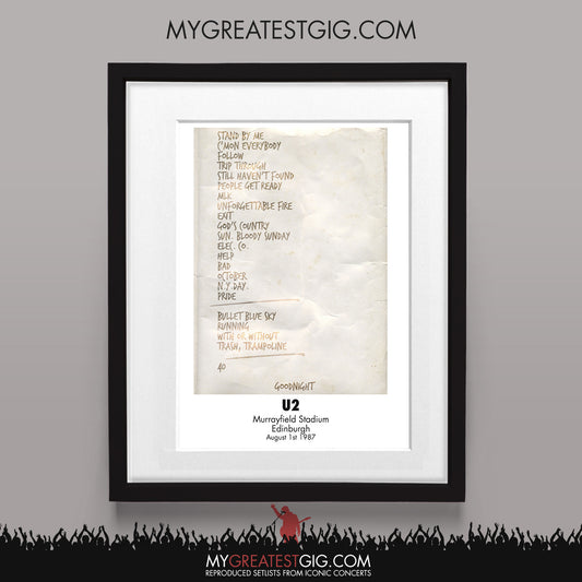 U2 - Edinburgh - Aug 1st 1987 Recreated Set List Poster