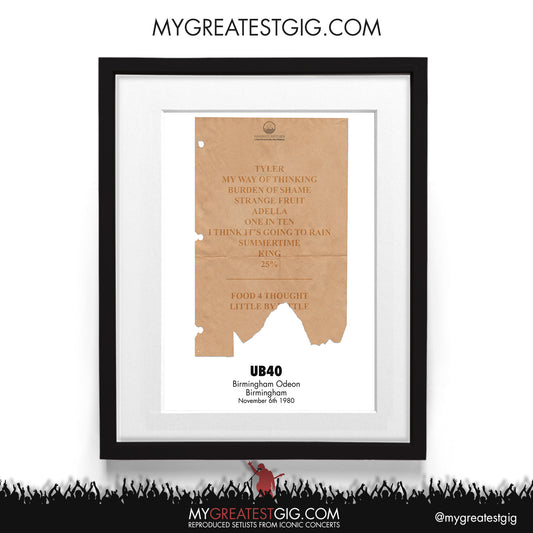 UB40 - Birmingham - Nov 6th 1980 Recreated Setlist Poster