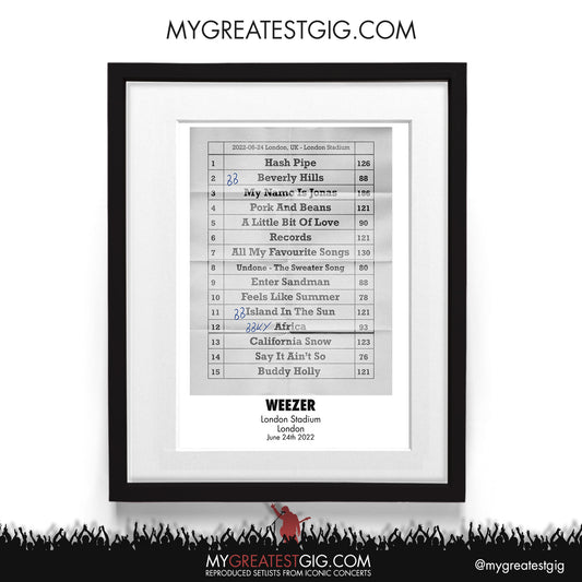 Weezer - London - Jun 24th 2022 Recreated Setlist Poster