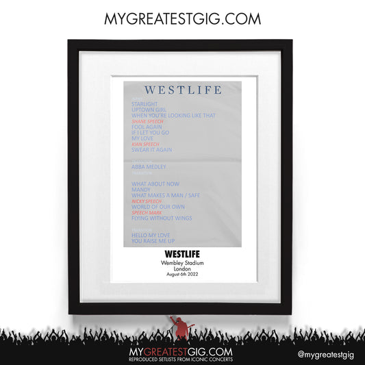Westlife - London - Aug 6th 2022 Recreated Setlist Poster
